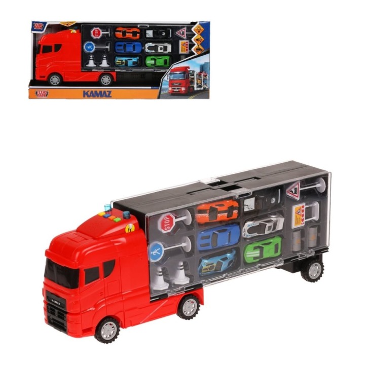 Технопарк. Машина "Kamaz Тягач" 47 см, 4 кноп, набор машин, свет-звук арт.KAMSET-47PL-RD