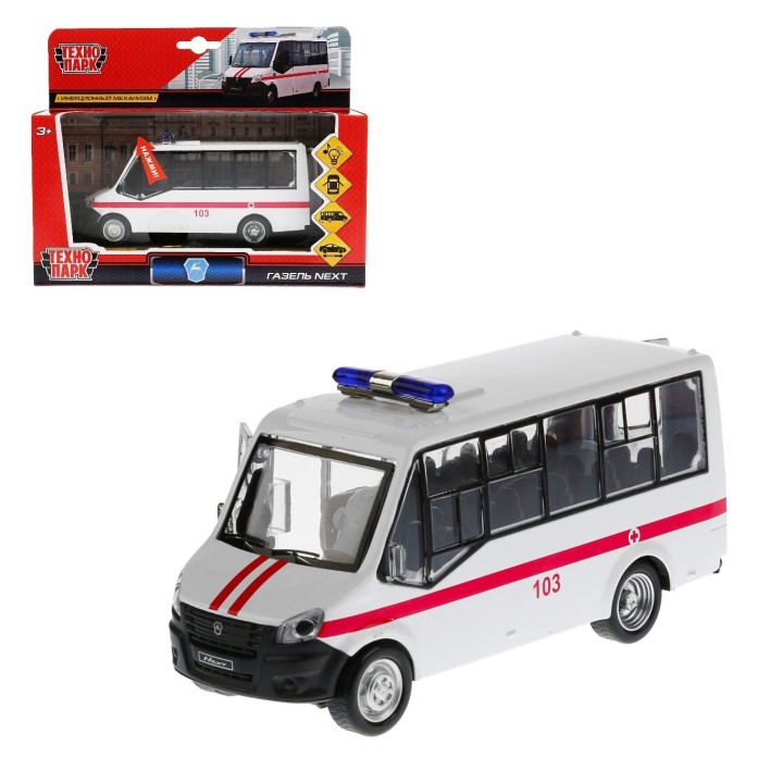 Технопарк."Газель Next Citiline" Скорая 14 см, свет-звук двер, инерц, арт.NEXTCITI-15SL-AMB