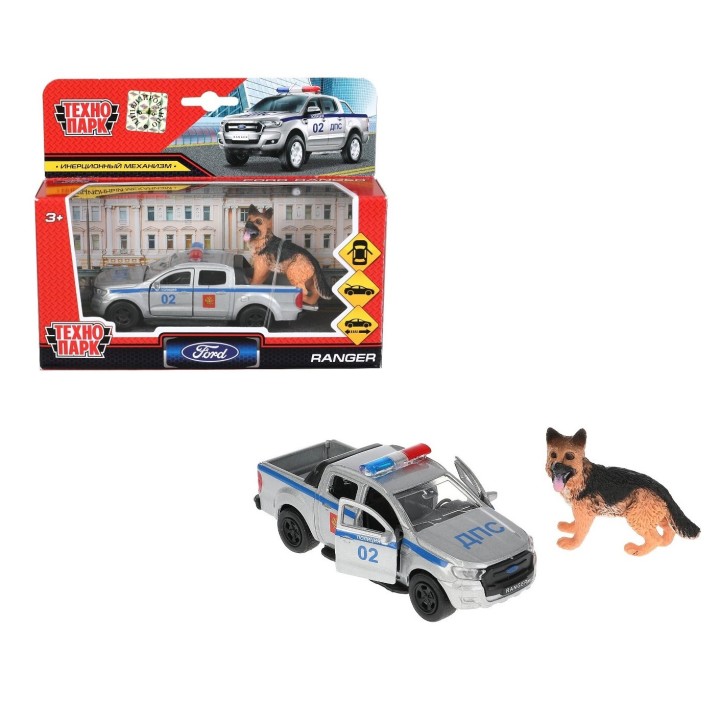 Технопарк. Модель "Ford Ranger. Пикап" + собака арт.SB-18-09-FR-P+DOG-WB 12 см дв., баг.инерц