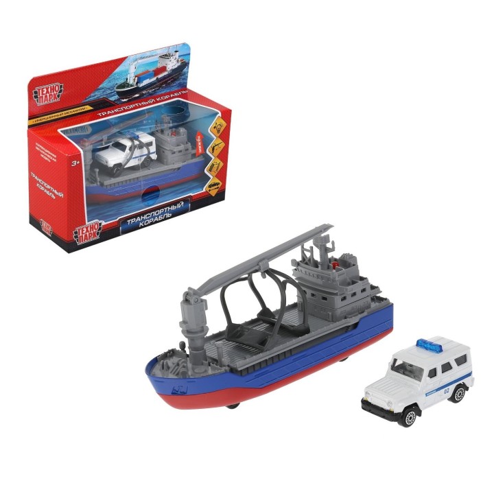 Технопарк. Транспортный корабль "Полиция" свет-звук 17 см, с машинкой арт.CRANEBOAT-17SLPOL-H