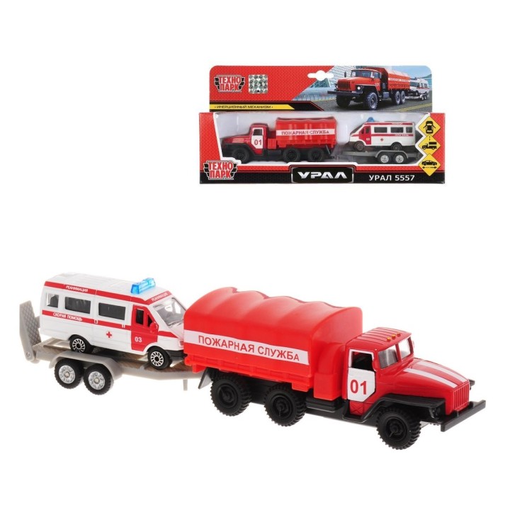 Технопарк. "Урал 5557" арт.SB-16-13WB(GAZEL) Пожарная служба 12см, откр.дв. с приц+маш. 7,5см в