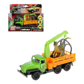 Технопарк. "Урал 5557" арт.SB-20-01+DINO(WB) борт. 12 см, двери, инерц.+диноз. 9 см,