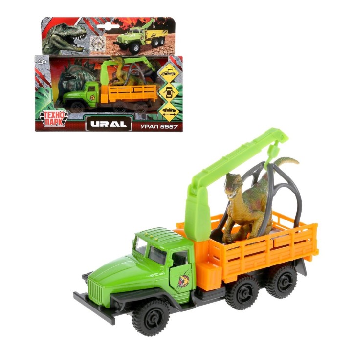 Технопарк. "Урал 5557" арт.SB-20-01+DINO(WB) борт. 12 см, двери, инерц.+диноз. 9 см,
