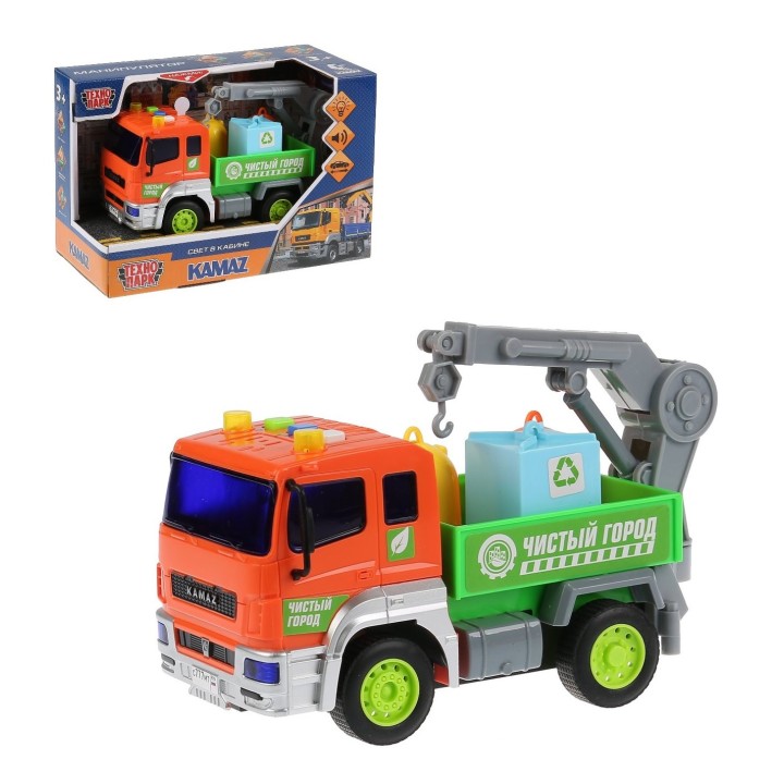 Технопарк. Машина "Kamaz Манипулятор" 28 см, двери, инер, син, пластик свет-звук арт.KAMCRN-28PLCN