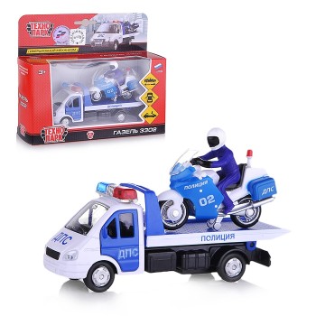 Технопарк."Газель 3302" Эвакуатор полиция с машин. арт.SB-16-42-T4-WB 12,5см+мотоцикл 7,5см