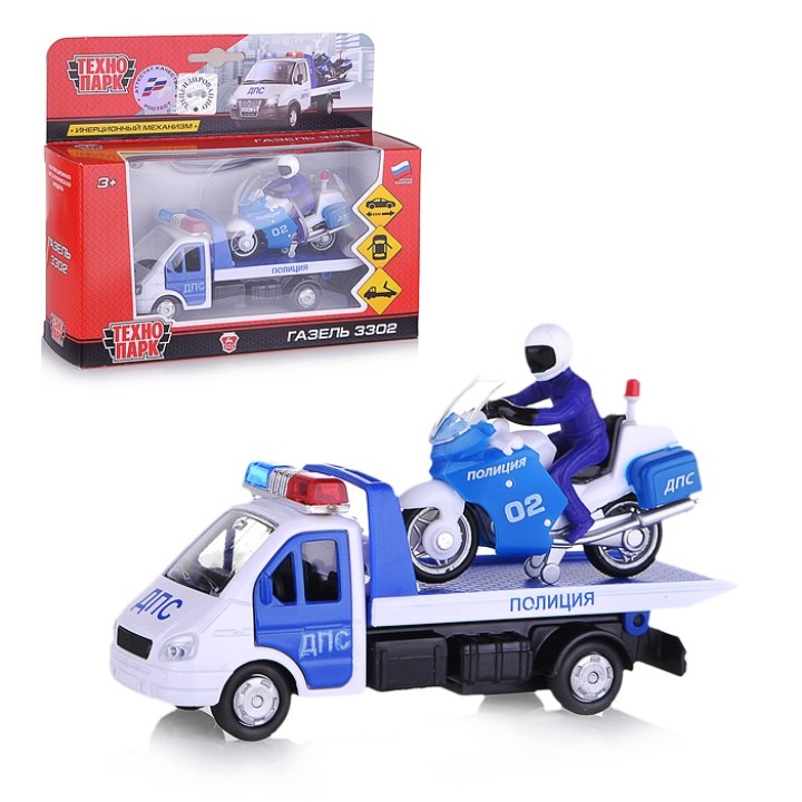 Технопарк."Газель 3302" Эвакуатор полиция с машин. арт.SB-16-42-T4-WB 12,5см+мотоцикл 7,5см