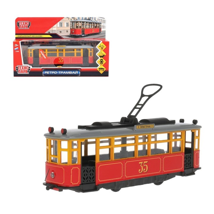 Технопарк. Трамвай ретро 17 см, свет-звук двери, инерц, красн, арт.TRAMMC1-17SL-RD