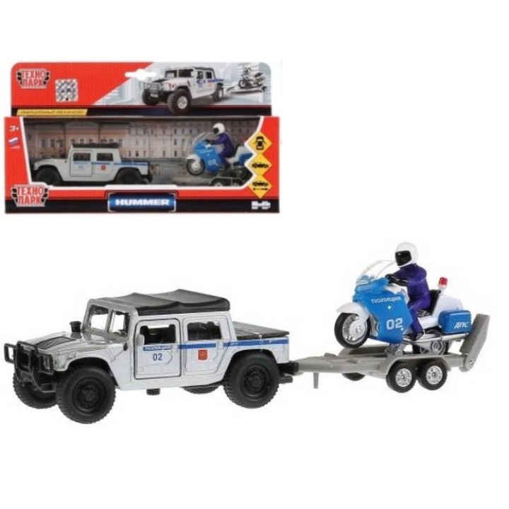 Технопарк. Модель "Hummer H1 Полиция" арт.SB-18-37WB 12см, инерц. + мотоцикл на прицепе в кор.