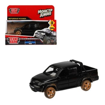 Технопарк. Модель "Uaz Pickup. Монстр джип" арт.PICKUP-12MUD-BK 12 см, двер, багаж, инерц, черный,