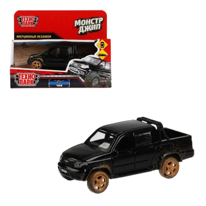 Технопарк. Модель "Uaz Pickup. Монстр джип" арт.PICKUP-12MUD-BK 12 см, двер, багаж, инерц, черный,
