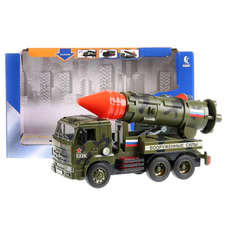 Технопарк. Машина "Kamaz Ракетница" 25 см, инер, камуф, пластик свет-звук арт.KAMROCK-25PLMIL-GN