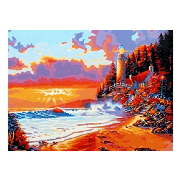 Рыжий кот. Холст 40х50 арт.G1047 с красками по номерам "Закат на море и маяк"