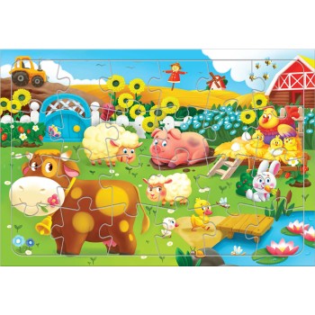 ГеоДом. Пазл листовой на подложке. Животные на ферме. 24 детали. 21х29,5 см