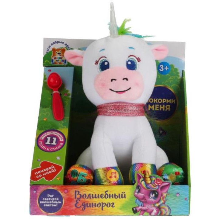 Мульти-пульти. "Волшебный единорог" музыка Шаинский учим буквы, цифры, рог свет 25см арт.M80126-25
