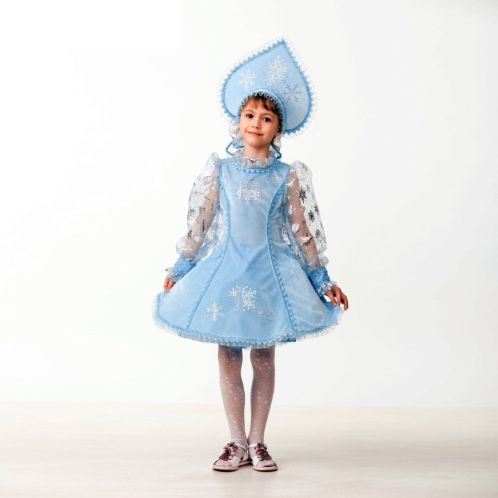 Карнавальный костюм "Снегурочка велюр голуб. " ( платье, подъюбник, Кокошник.) р.30 арт.5234